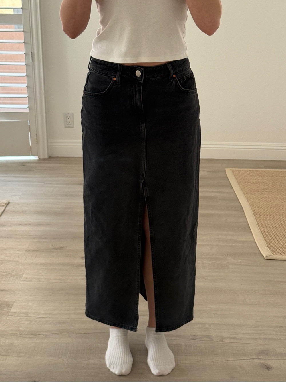 Black Maxi Denim Skirt with Front Slit - Picture 1 of 6